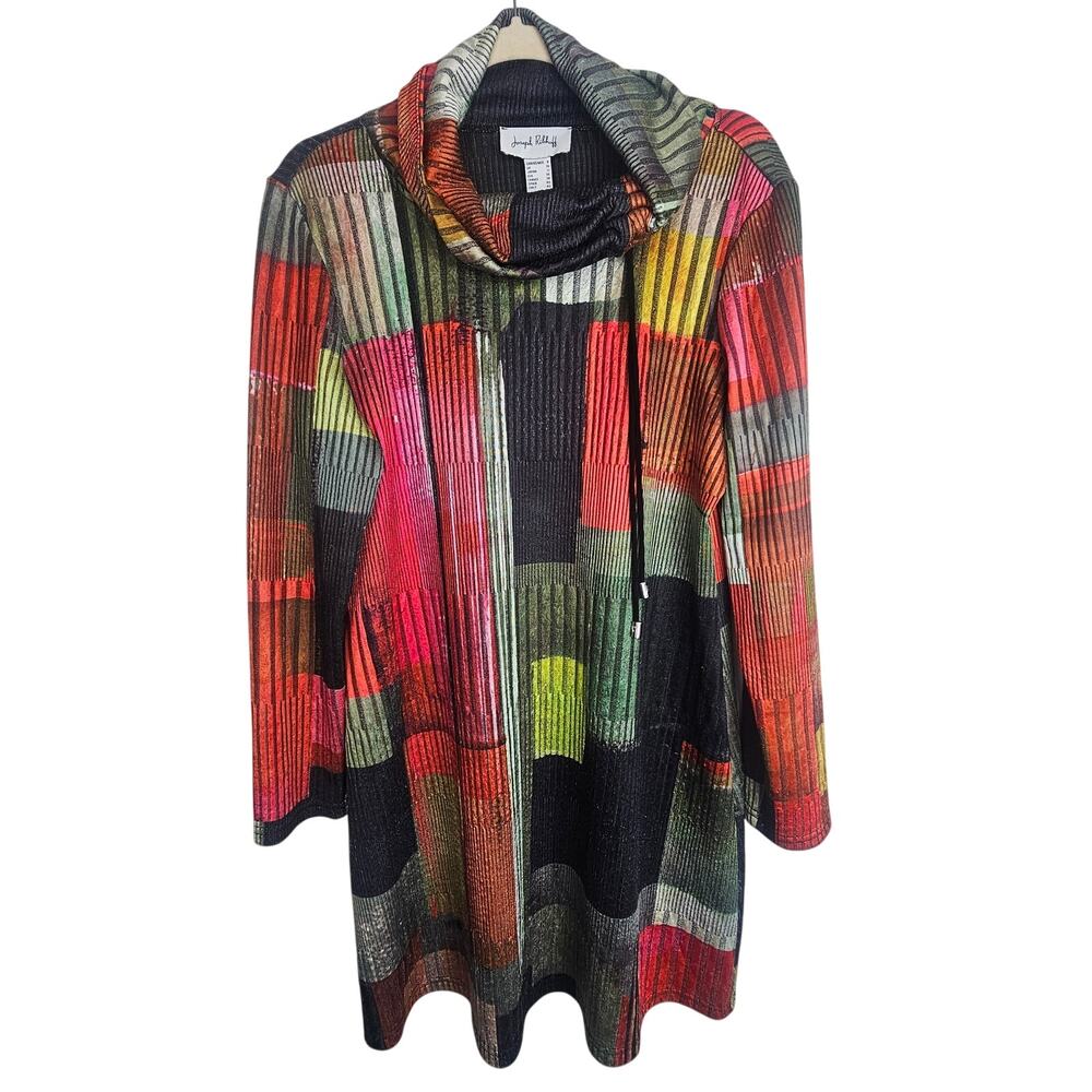 Joseph Ribkoff Womens Cowl Neck Tunic Size 8 Artsy Patchwork Whimsy Wearable Art